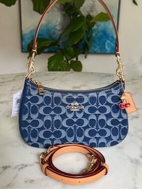 Coach Blue Denim Signature Mini Shoulder Bag with Cherry Charm